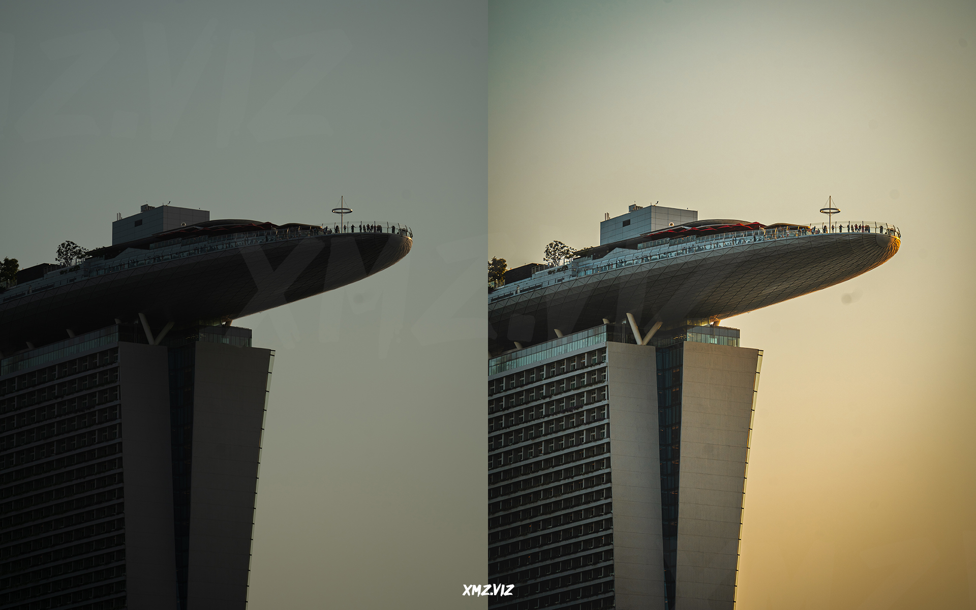 before and after photo of Marina Bay Sands in Singapore