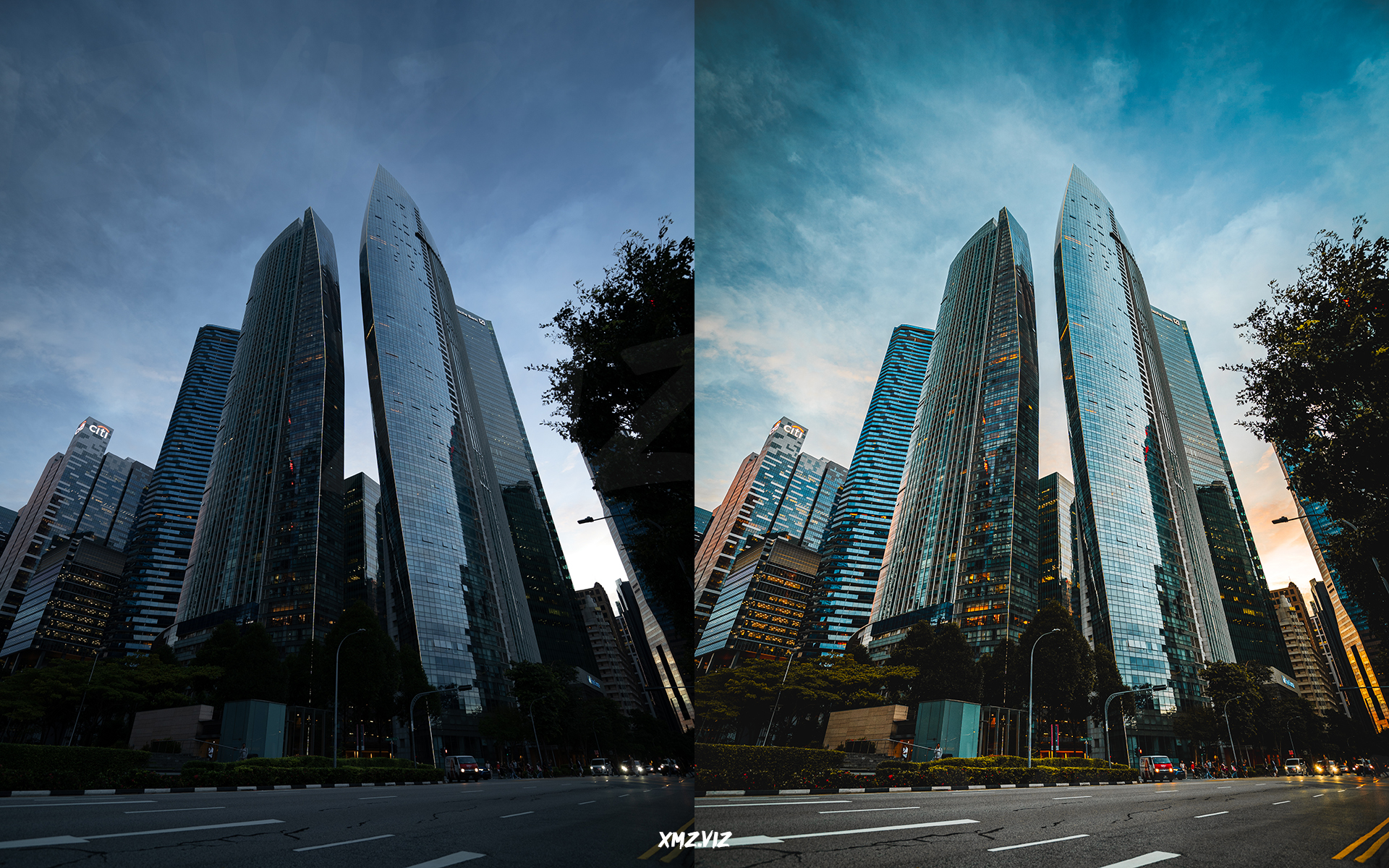 before and after photo of Marina Bay in Singapore