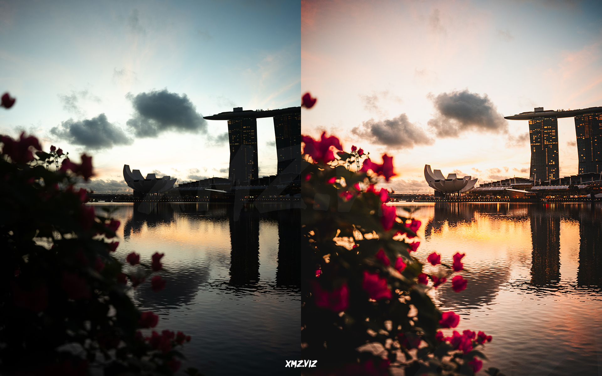 before and after photo of Marina Bay in Singapore